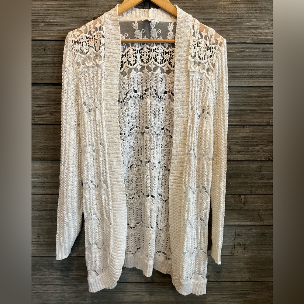 Warehouse Cream Open-Front Crochet Knit Cardigan
